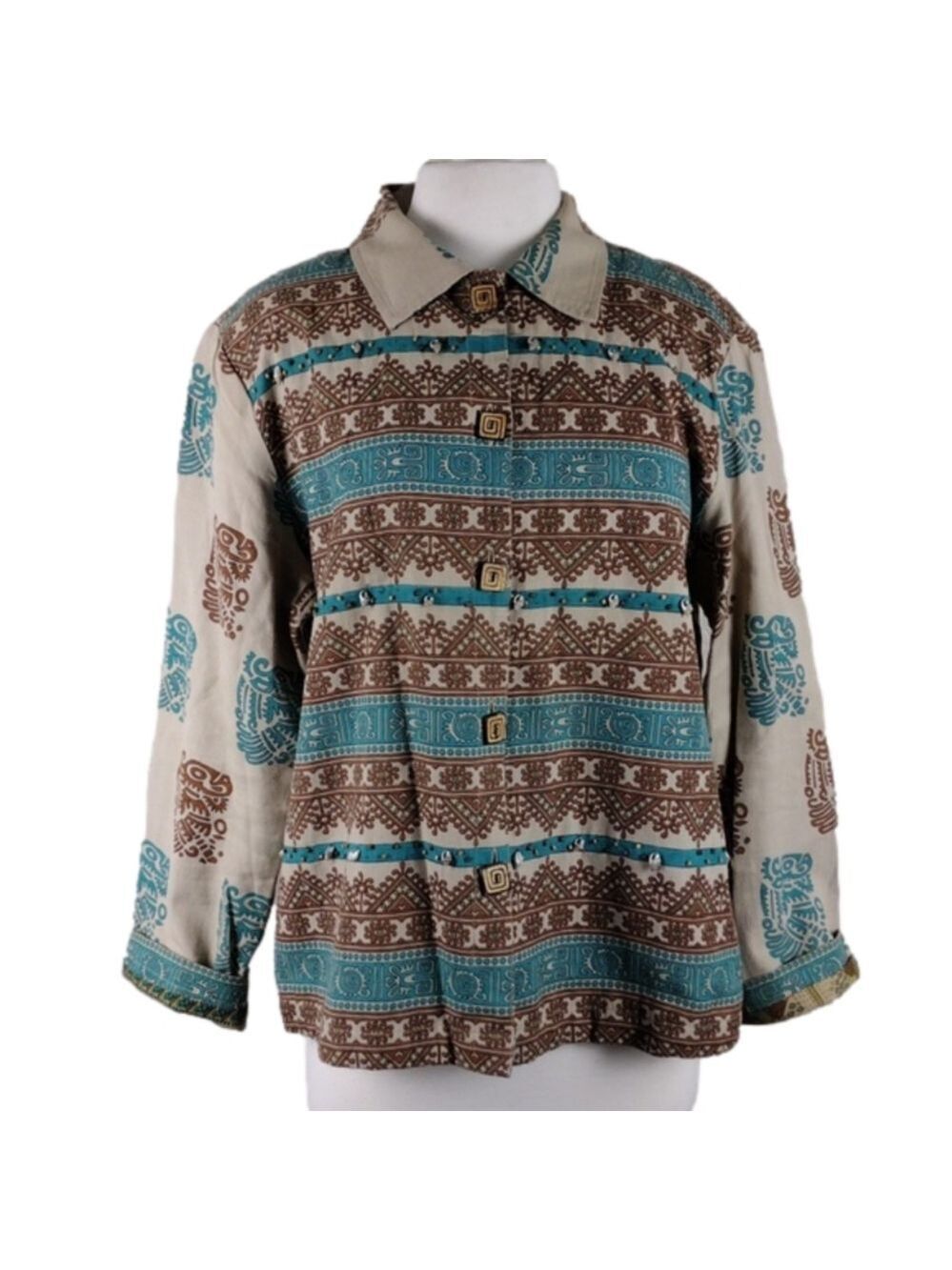 West End Beige Blue Linen Blend Ethnic Indian Long Sleeve Button Up Shacket